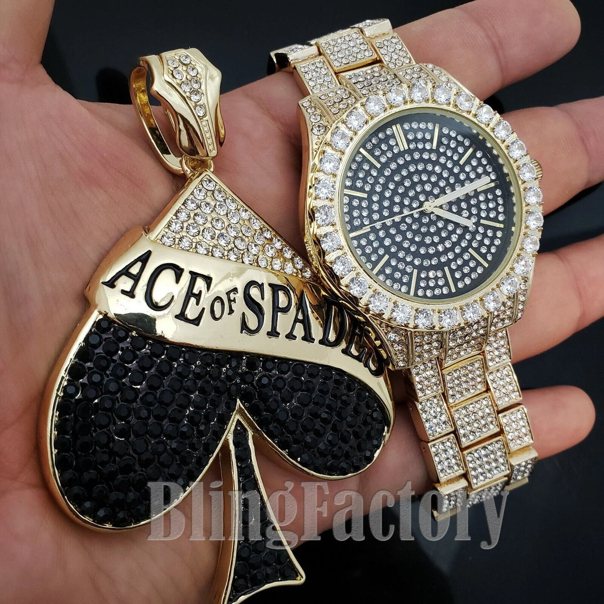 Gold Fashion Watch & Bling Pendant Combo Set S159