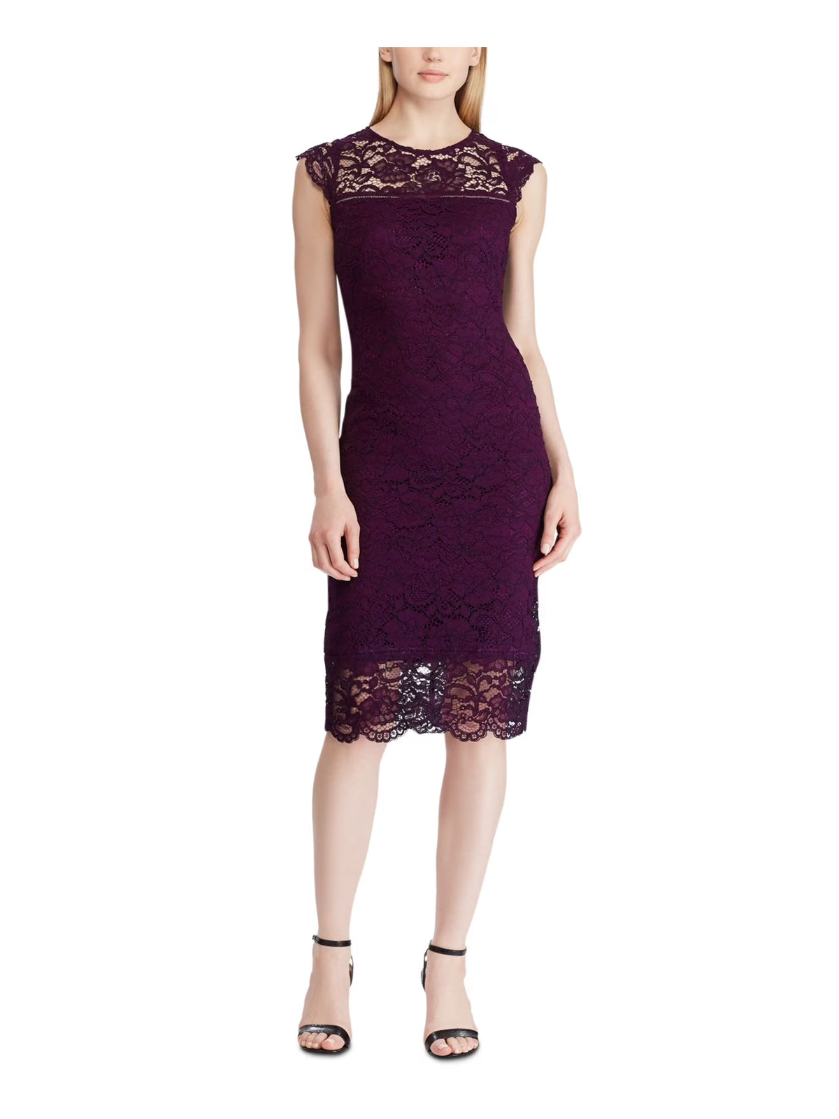 Purple Cap Sleeve Below The Knee Sheath Evening Dress O200248