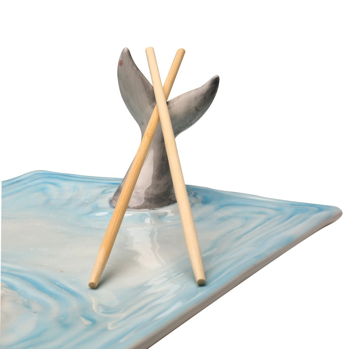 Shark Attack Sushi Plate, Hand-Painted Ceramic Serving Tray with Soy Sauce Holder and Chopsticks Rest Q80606