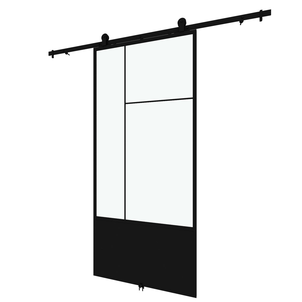 3/4 Lite Clear Glass Black Metal Finish Sliding Barn Door with Hardware Kit J2120