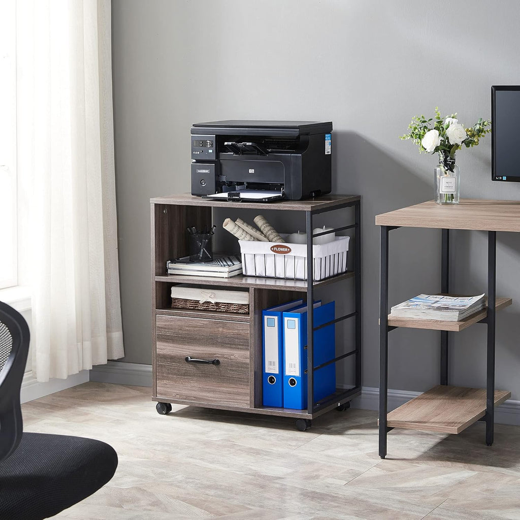 Rolling File Cabinet with Drawer and Open Storage Shelves, Retro Grey J5970