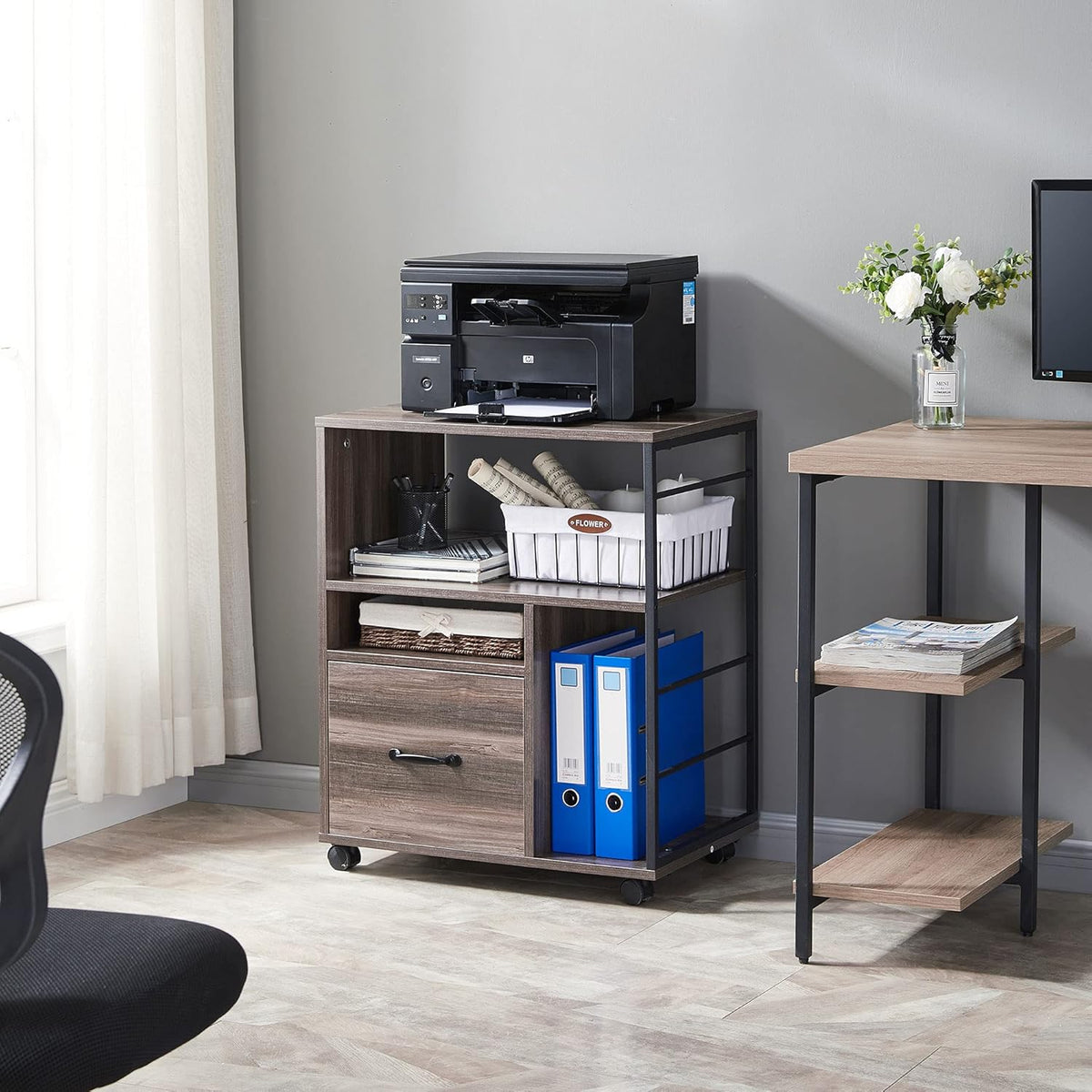 Rolling File Cabinet with Drawer and Open Storage Shelves, Retro Grey J5970