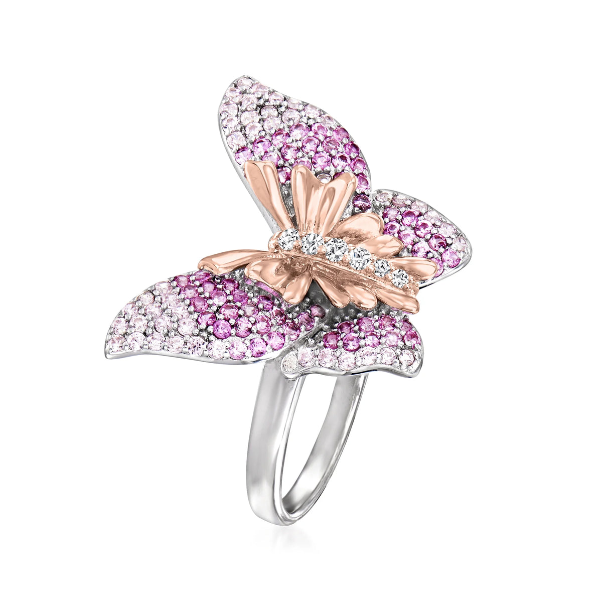 Simulated Pink Sapphire Butterfly Ring With CZ Accents in 2-Tone Sterling Silver C103