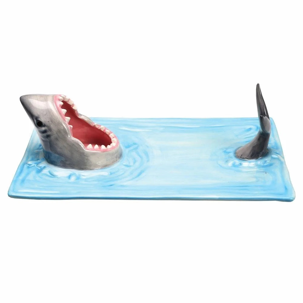 Shark Attack Sushi Plate, Hand-Painted Ceramic Serving Tray with Soy Sauce Holder and Chopsticks Rest Q80606