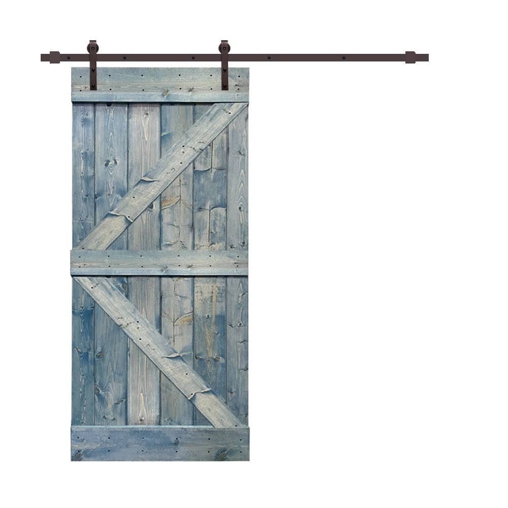 Ocean Blue Stained Wood Sliding Barn Door with Hardware Kit X25484