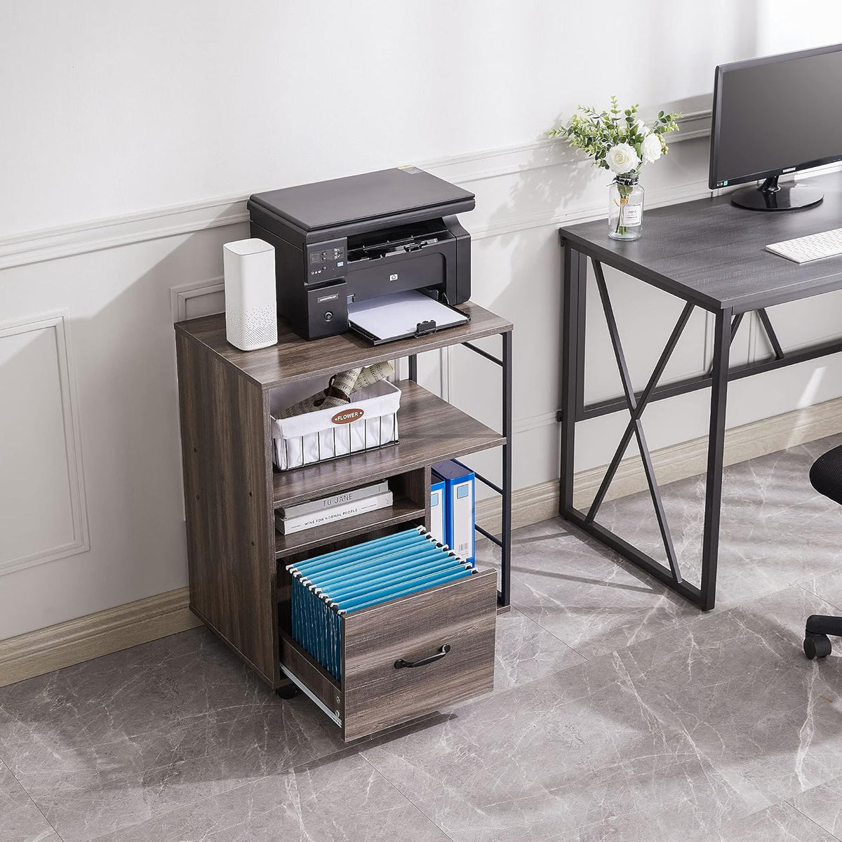 Rolling File Cabinet with Drawer and Open Storage Shelves, Retro Grey J5970