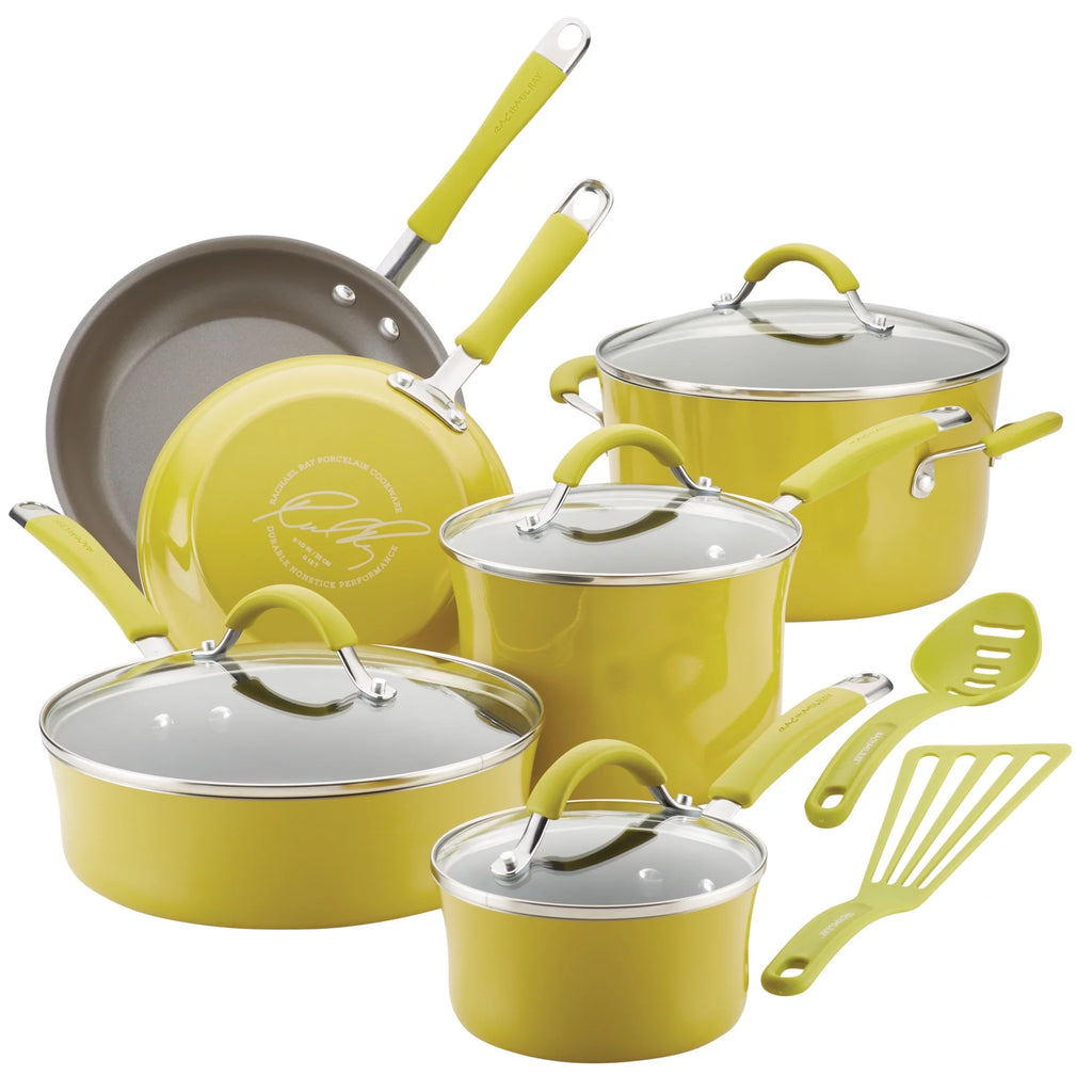 12 Piece Hard Porcelain Enamel Nonstick Pots and Pans, Lemongrass Green N397