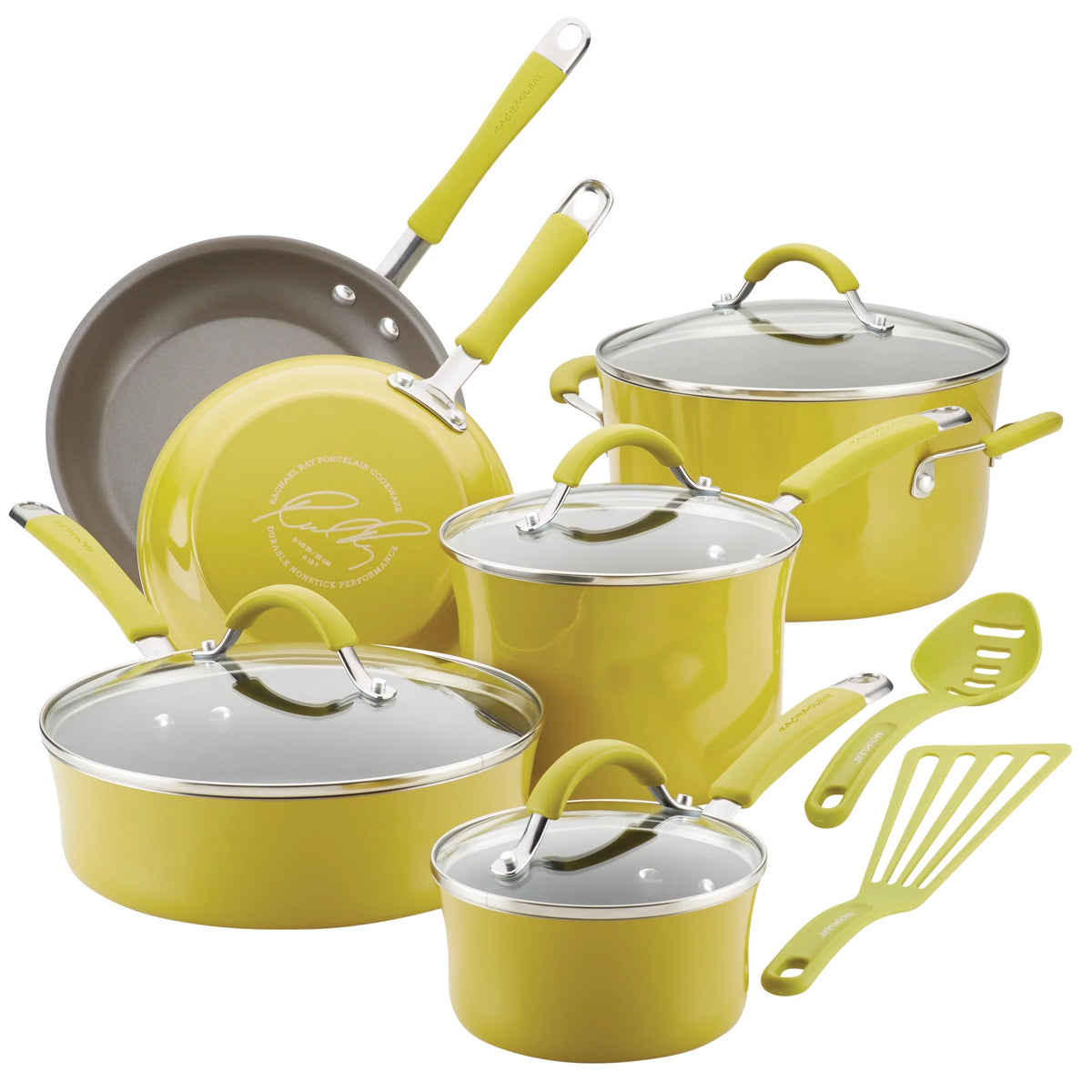 12 Piece Hard Porcelain Enamel Nonstick Pots and Pans, Lemongrass Green N397