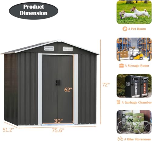 8 x 6FT Grey Metal Outdoor Storage Shed with Sliding Door N1916
