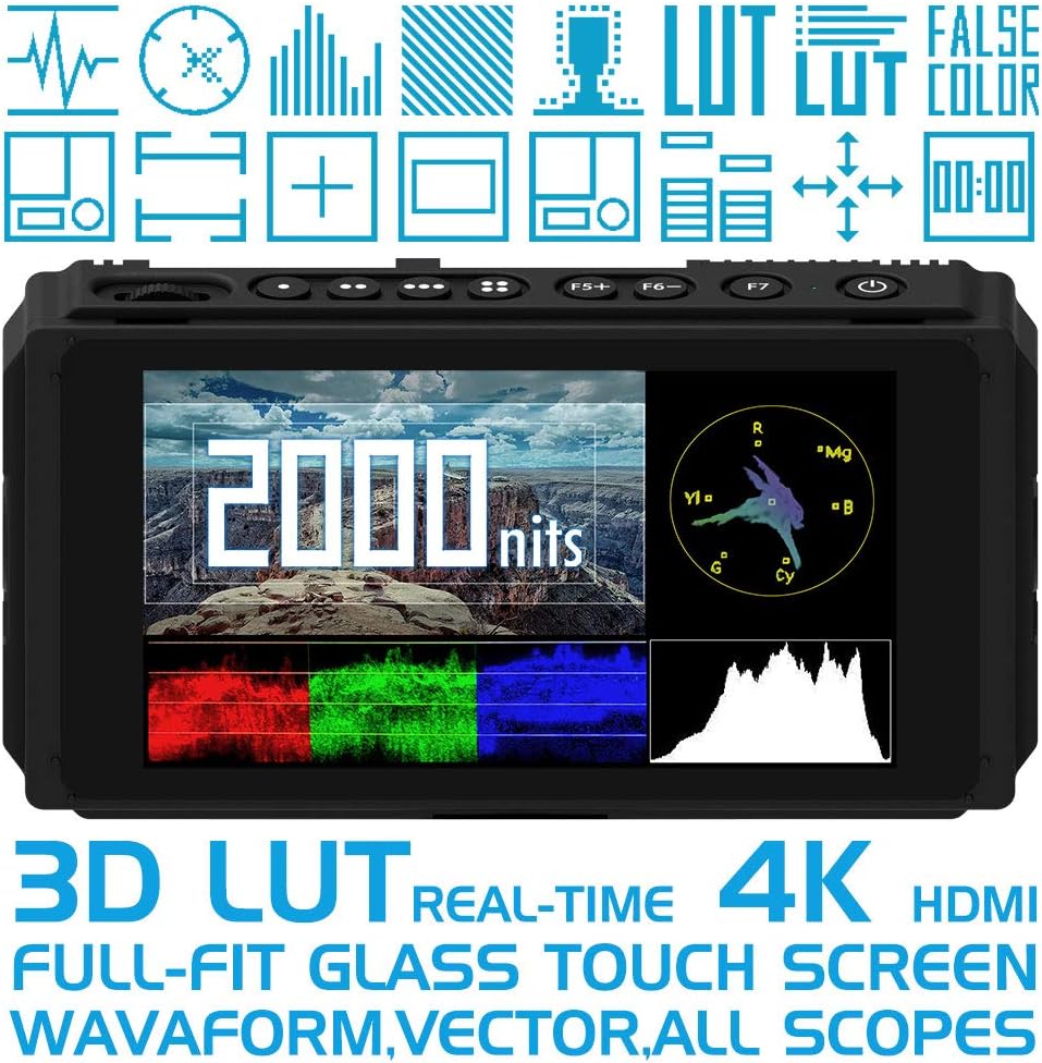 5 Inch 2000nit Touch Screen DSLR Camera Field Monitor with 3D LUT, 4K HDMI Input/Output, Dual NP-F Battery Mount O985920