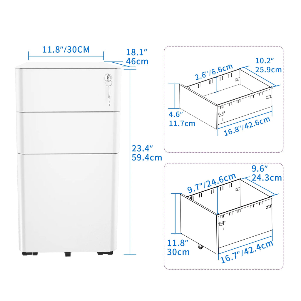 3-Compartment Locking Steel File Cabinet, White X80997