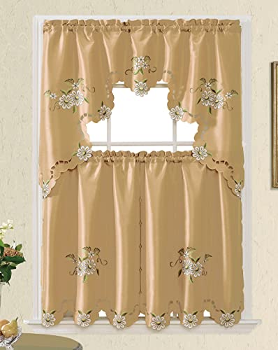 Bronze Faux Silk Kitchen Curtain Set with Cutwork Floral L77523