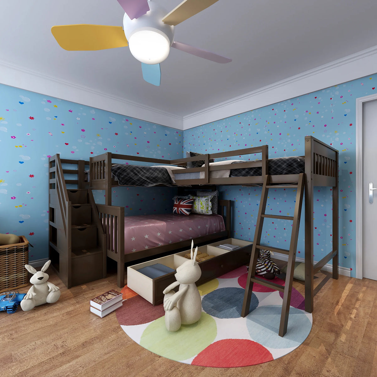 Twin Over Full L-Shaped Triple Bunk Bed with 3 Storage Drawers and Stairs I30393