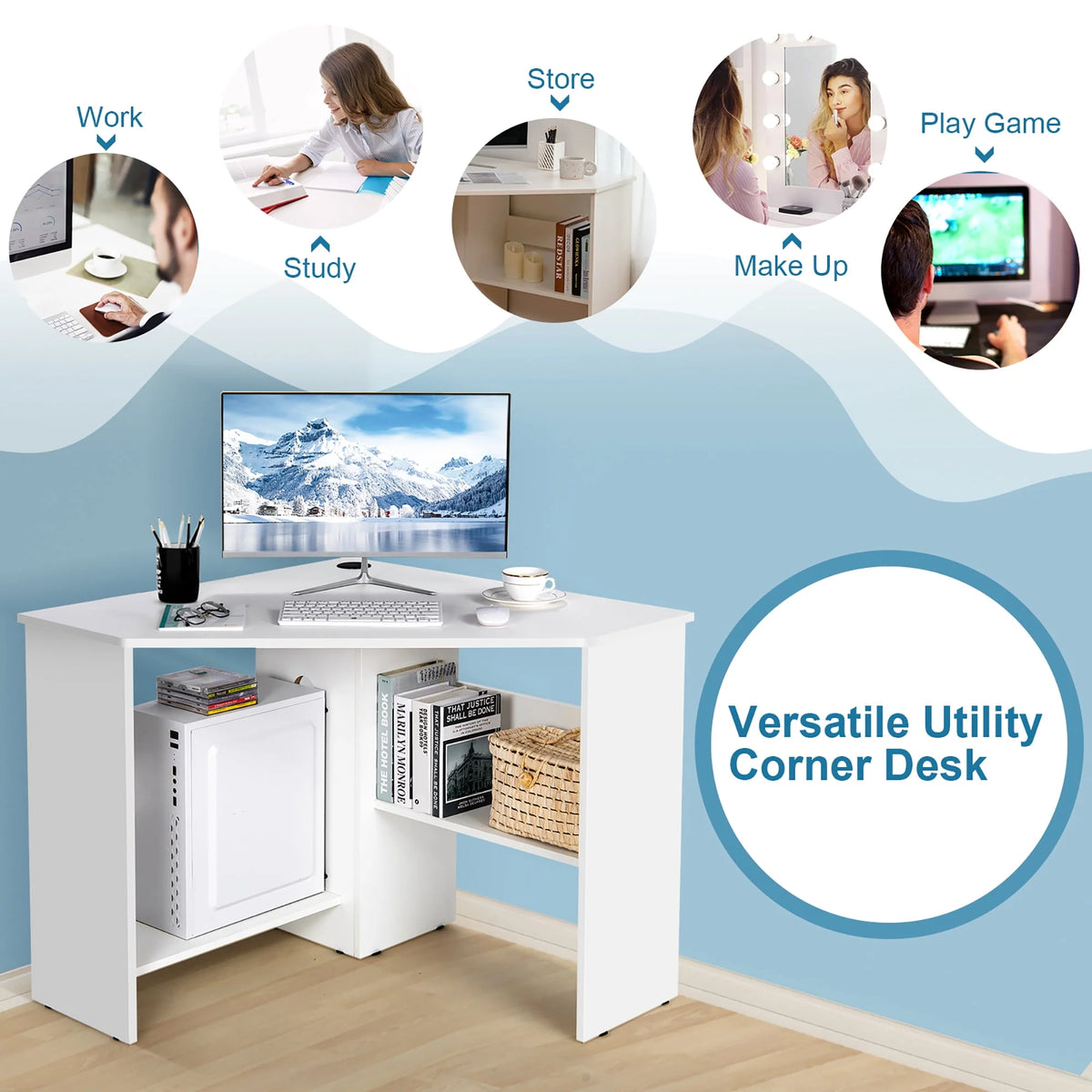 Corner Computer Desk with Storage Shelf White A728436