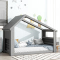 Twin Wood Floor Bed with Roof Window LED Light Storage Y67108