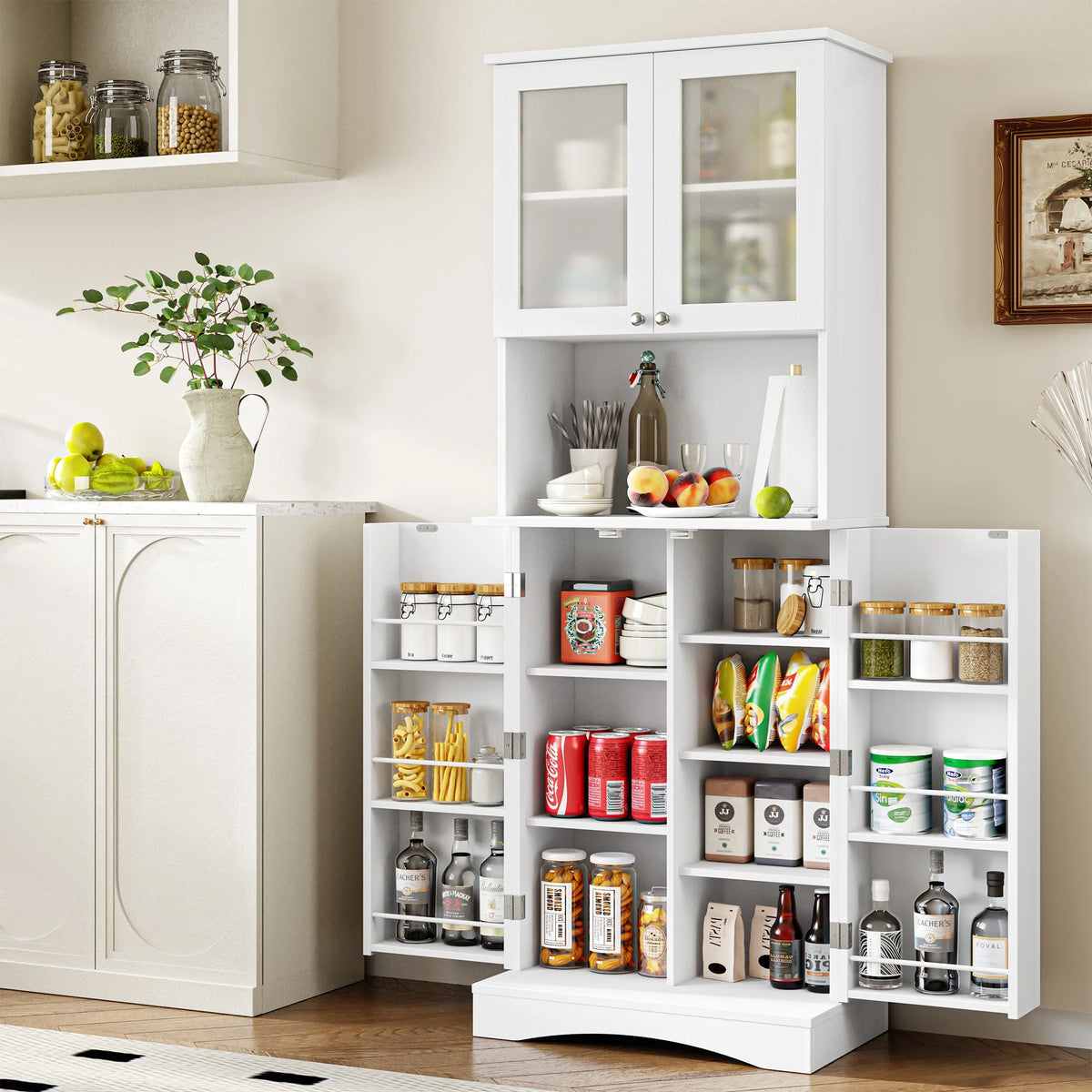 63'' White 4 Door Kitchen Storage Cabinet with Adjustable Shelves S88017