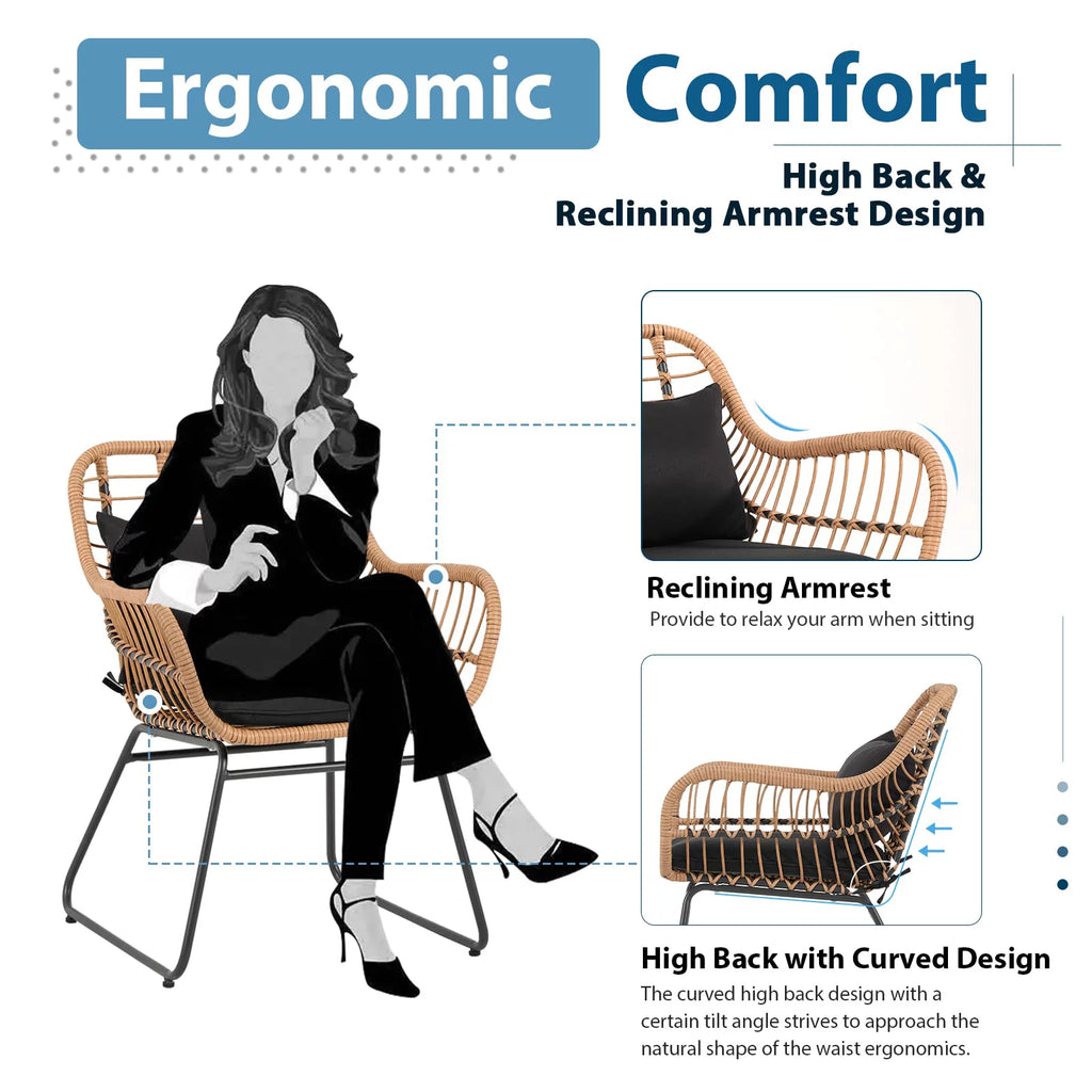 3-Piece Outdoor Wicker Bistro Set with Glass Top Coffee Table I41946
