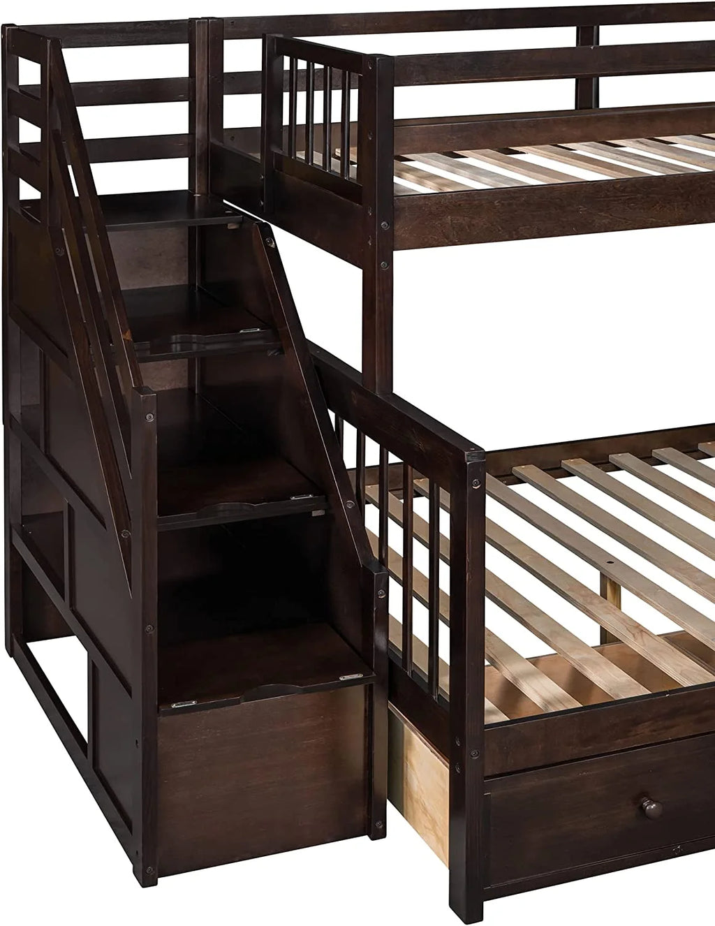 Twin Over Full L-Shaped Triple Bunk Bed with 3 Storage Drawers and Stairs I30393