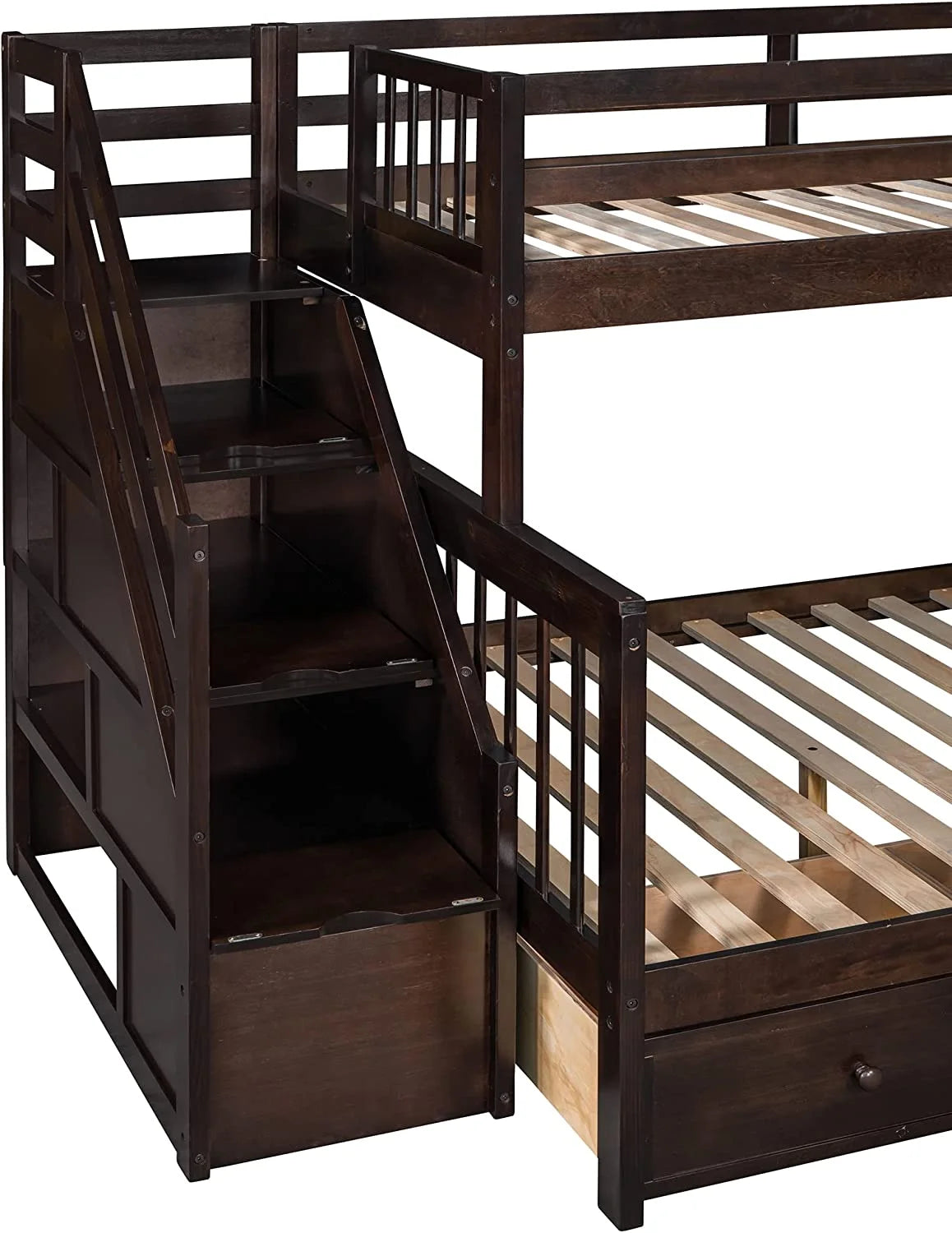 Twin Over Full L-Shaped Triple Bunk Bed with 3 Storage Drawers and Stairs I30393