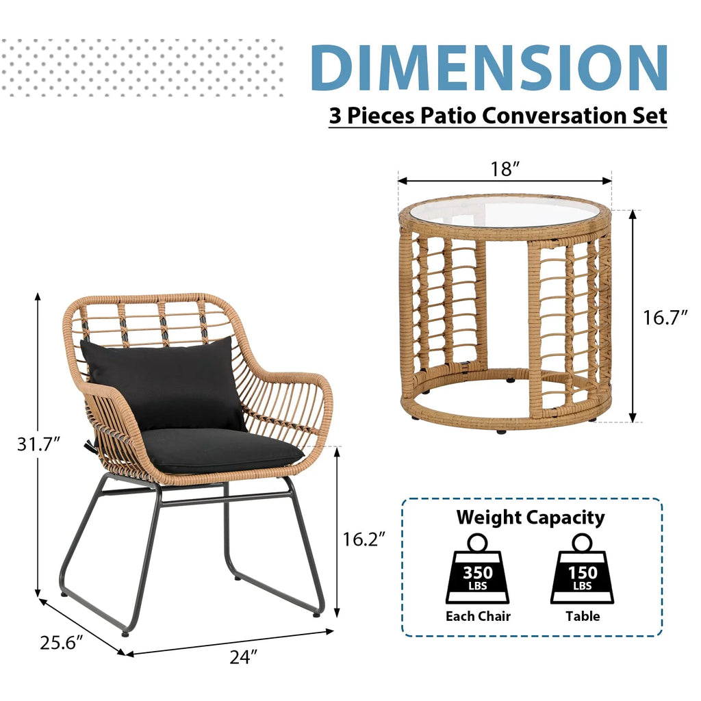 3-Piece Outdoor Wicker Bistro Set with Glass Top Coffee Table I41946