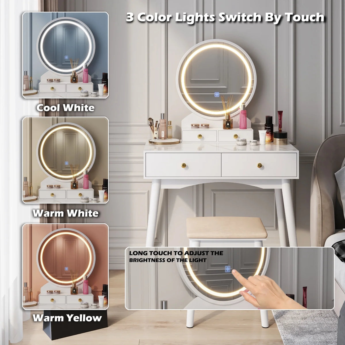 White Vanity Table with Lighted Mirror, Stool and 4 Drawers L69883