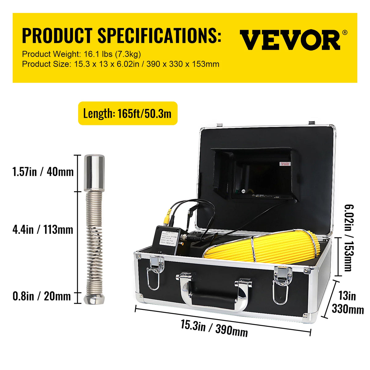 165' Cable Waterproof IP68 Sewer Camera with 512Hz Sonde Transmitter & Receiver H560447