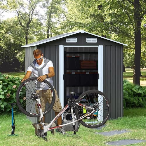 8 x 6FT Grey Metal Outdoor Storage Shed with Sliding Door N1916
