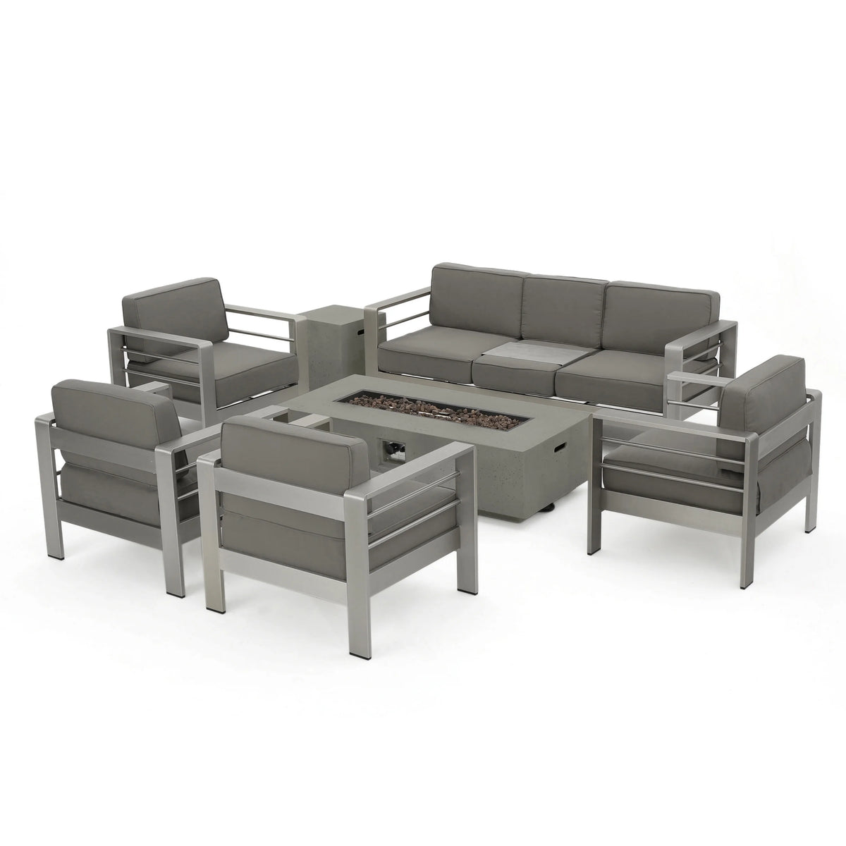 Light Gray and Gray 7 Seater Aluminum Chat Set with Fire Pit X343687