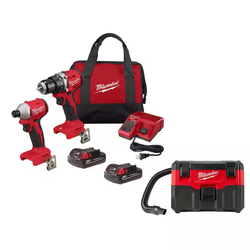 18-Volt Lithium-Ion Brushless Cordless Compact Drill/Impact Combo Kit with 2 Batteries, Charger, Bag & 2 Gal Vac H743