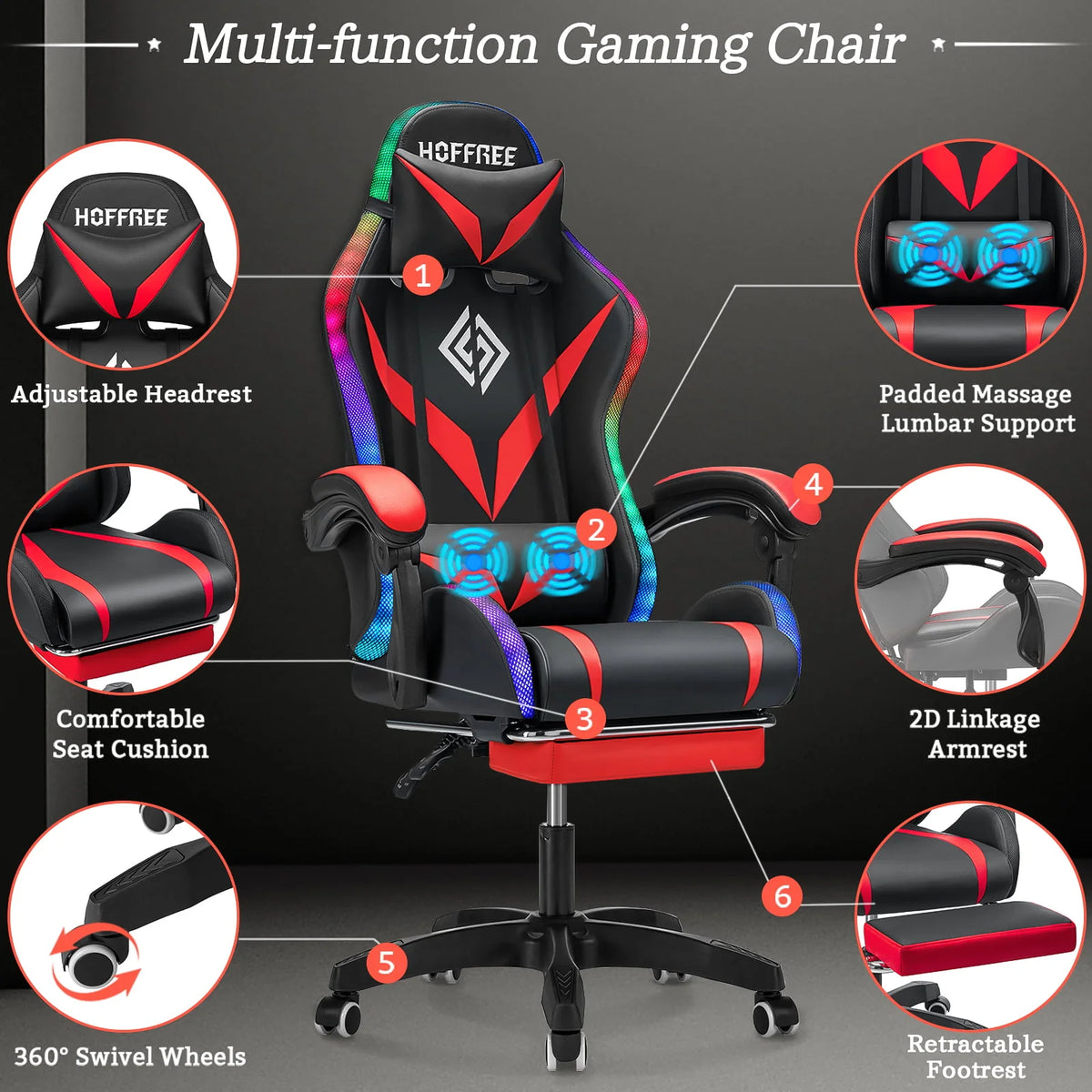 PU Leather Gaming Chair with Footrest and LED Lights H20806