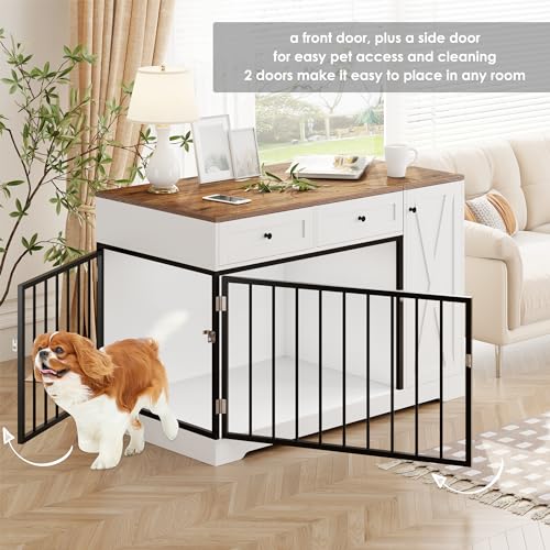 White Wooden Dog Crate with Double Doors and 2 Drawers V709