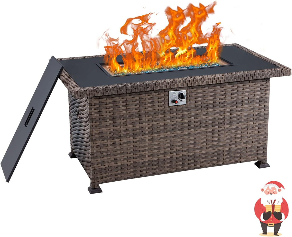 Propane Fire Pit Table 44in 50000BTU Auto-Ignition Smokeless with Cover and Blue Fire Glass Black D692576