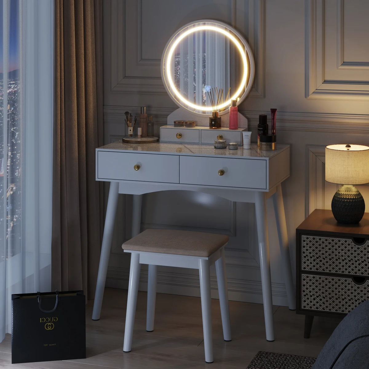 White Vanity Table with Lighted Mirror, Stool and 4 Drawers L69883