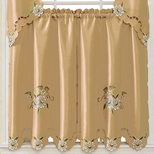 Bronze Faux Silk Kitchen Curtain Set with Cutwork Floral L77523
