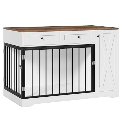 White Wooden Dog Crate with Double Doors and 2 Drawers V709
