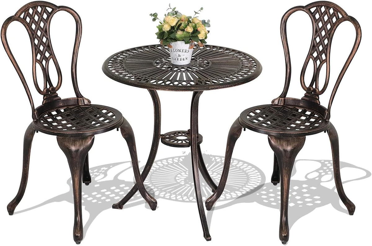 3 Piece Cast Aluminum Patio Bistro Set with Umbrella Hole V678