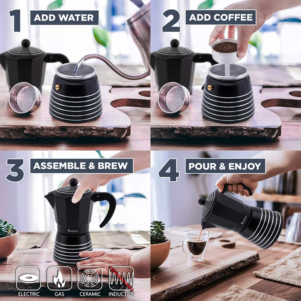 3 Cup Aluminum Stovetop Espresso Maker Moka Pot (Black) L4561