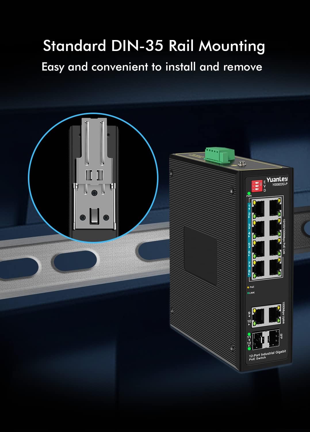 8-Port Industrial Gigabit PoE DIN-Rail Switch, 120W Unmanaged, Pack of 2 T49354