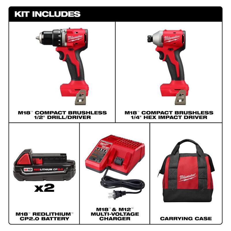 18-Volt Lithium-Ion Brushless Cordless Compact Drill/Impact Combo Kit with 2 Batteries, Charger, Bag & 2 Gal Vac H743