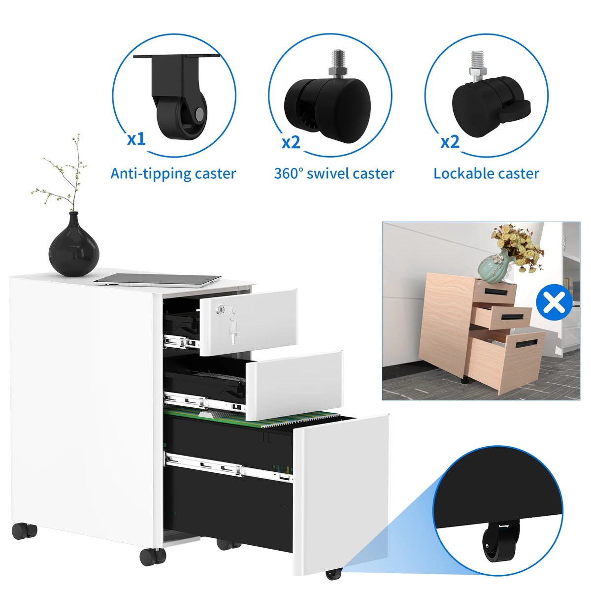 3-Compartment Locking Steel File Cabinet, White X80997