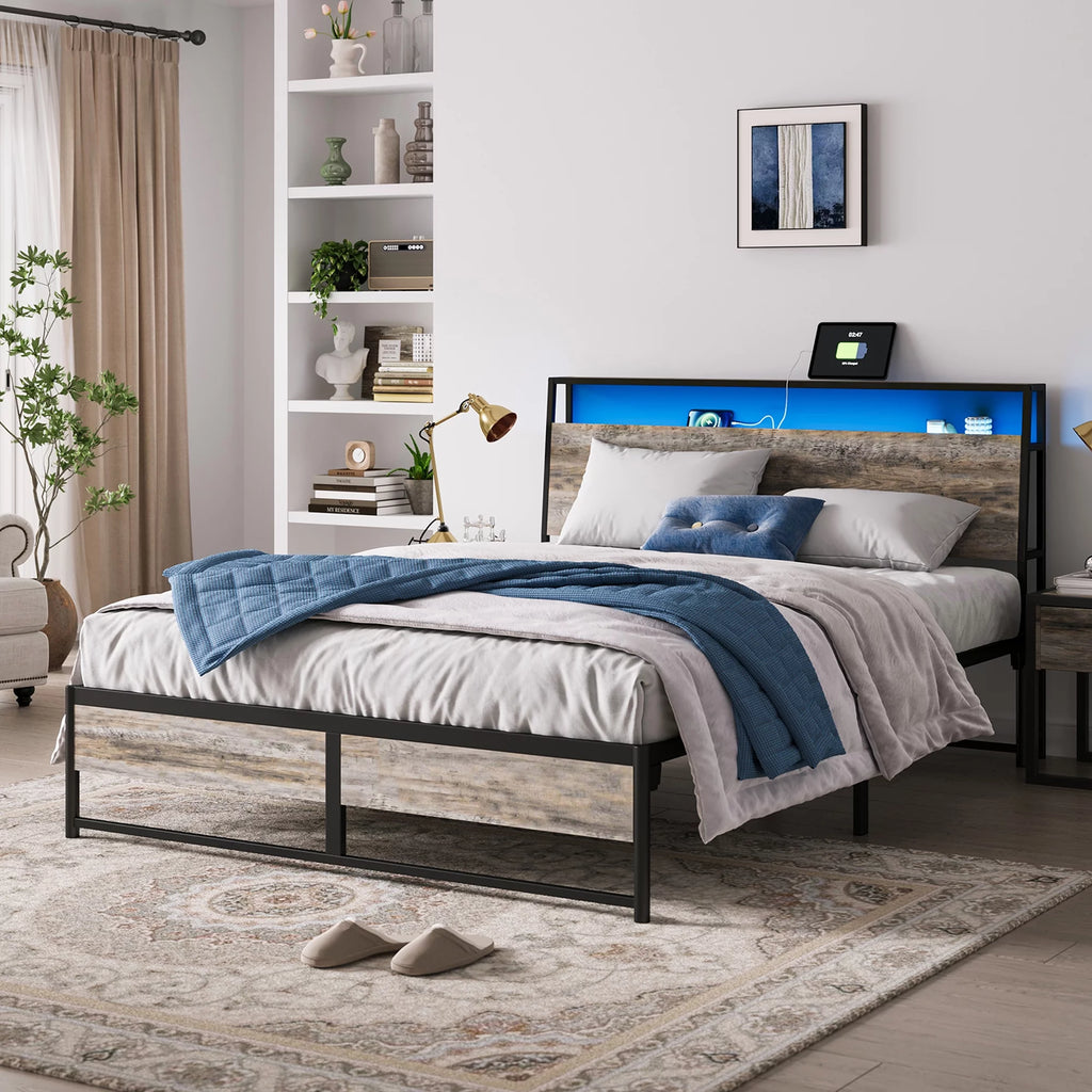 Full Size Metal Platform Bed Frame with Headboard and 3 Storage Shelves X702149