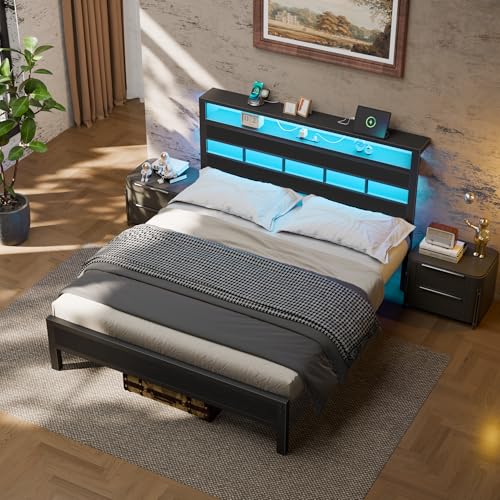 Full Size Black Oak Bed Frame with Storage Headboard and Charging Station Q352664