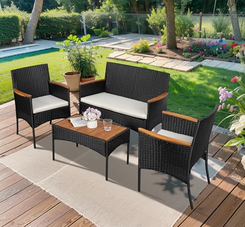4-Piece Outdoor Wicker Patio Furniture Set with Cushions Y5053