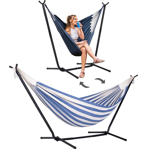 2-in-1 Hammock Chair with Stand, 475 lbs Capacity, Blue Stripe A18539