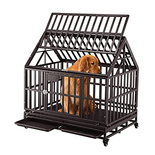 Brown Heavy Duty Dog Cage Crate Kennel with Four Wheels 38 inch D408285