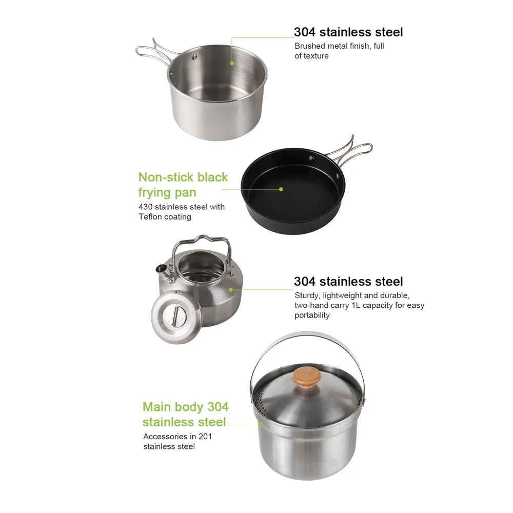 Stainless Steel Camping Cookware Set with Pot Frying Pan Kettle X565979