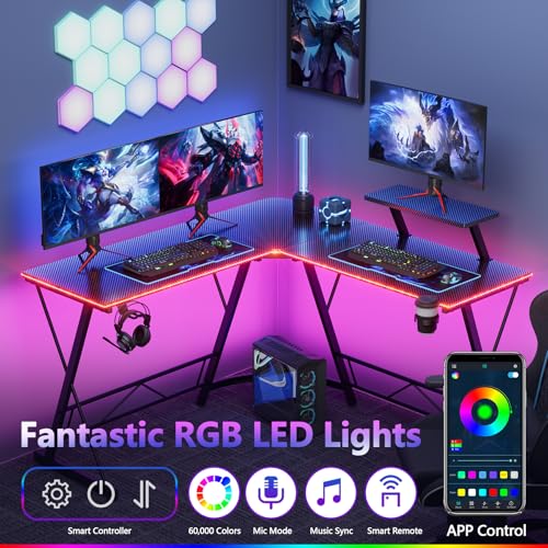 Black 51 Inch L Shaped Gaming Desk with LED Lights X926454