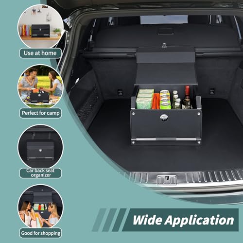 Car Organizer Trunk, Durable Collapsible Leather Trunk Organizer with Lid and Sturdy Handle, Auto Cargo Storage Compartments (11.4 x 27 x 12.2, Black) B958076