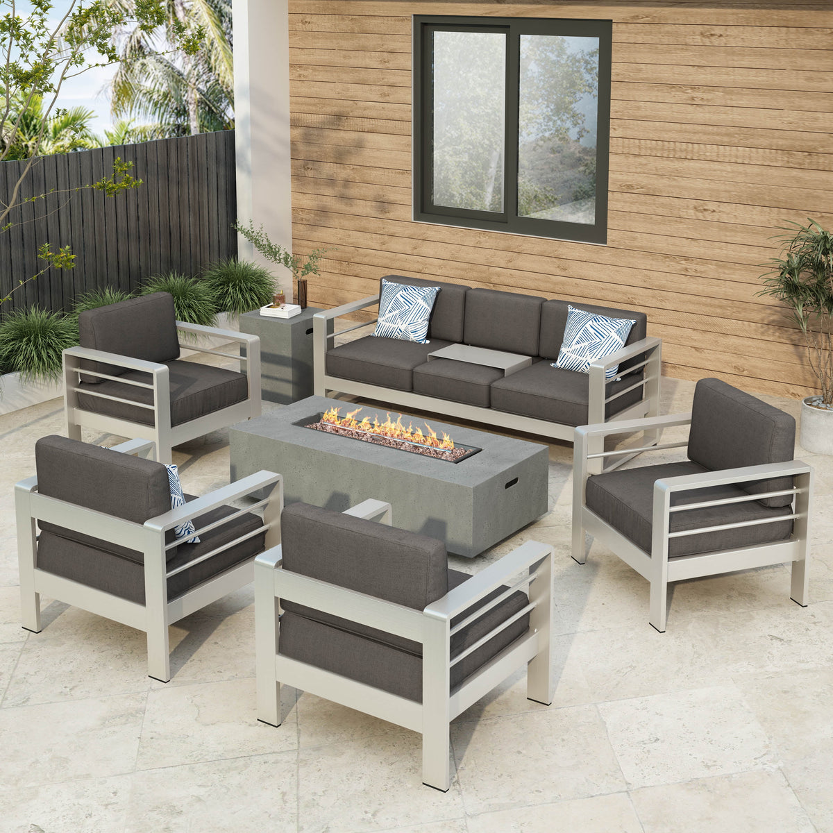 Light Gray and Gray 7 Seater Aluminum Chat Set with Fire Pit X343687
