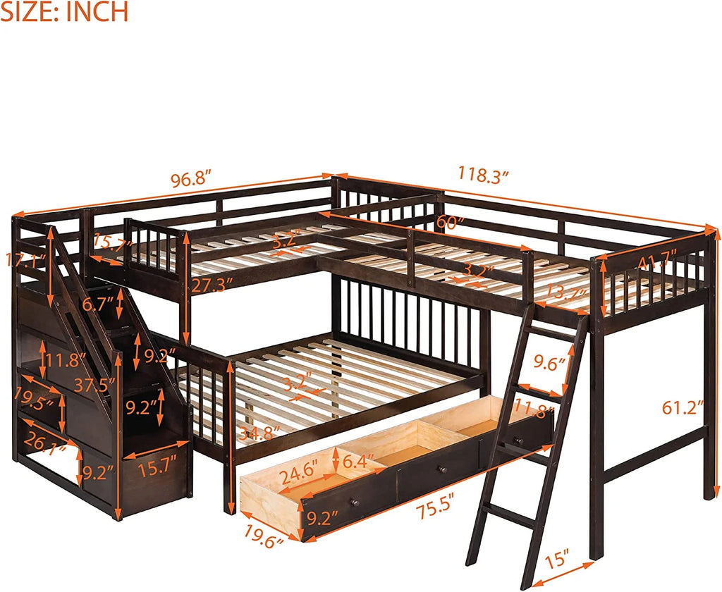 Twin Over Full L-Shaped Triple Bunk Bed with 3 Storage Drawers and Stairs I30393